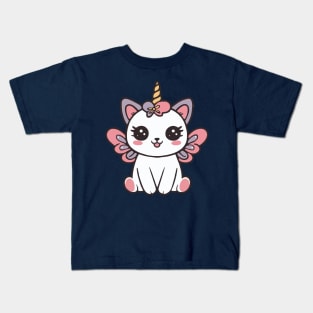 Cute Pink Fairy Cat Unicorn With Wings Kids T-Shirt